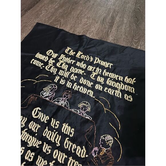 Vintage Hand Stitched The Lords Prayer Decor Unframed Fabric 26”x17” Black Gold - Picture 3 of 7